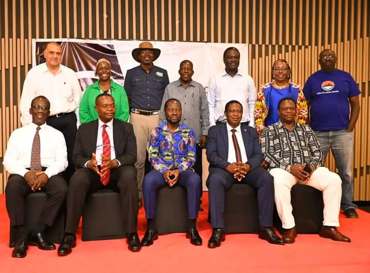 Governor Professor Peter Anyang' Nyong'o speaking at the Lake Victoria Aquaculture Forum 2024 alongside state officials